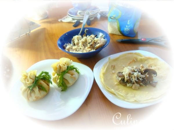 Блины на завтрак с рисом,грибами и кроликом.