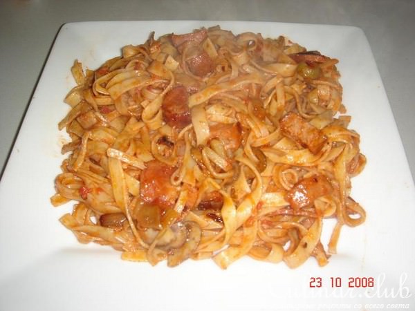 Макароны феттучини (fettuccine) с беконом и грибами