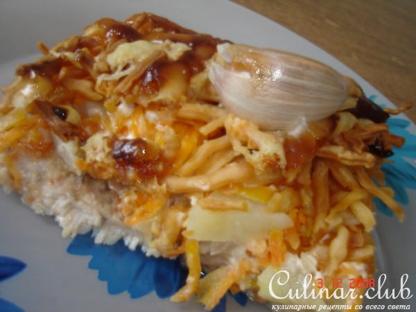 Мясо под "шубкой" и слоёной вермешелью