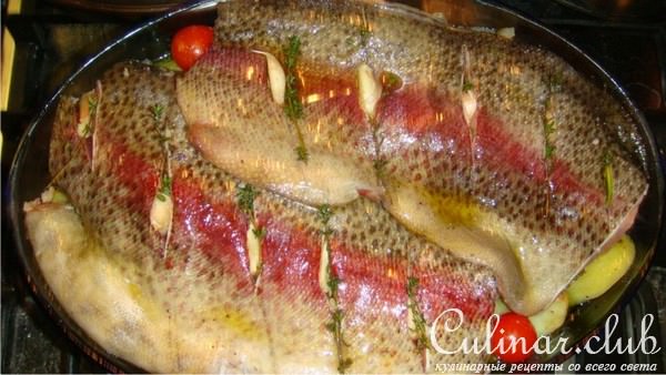 Форель, запеченная с чесночным картофелем и фенхелем. 