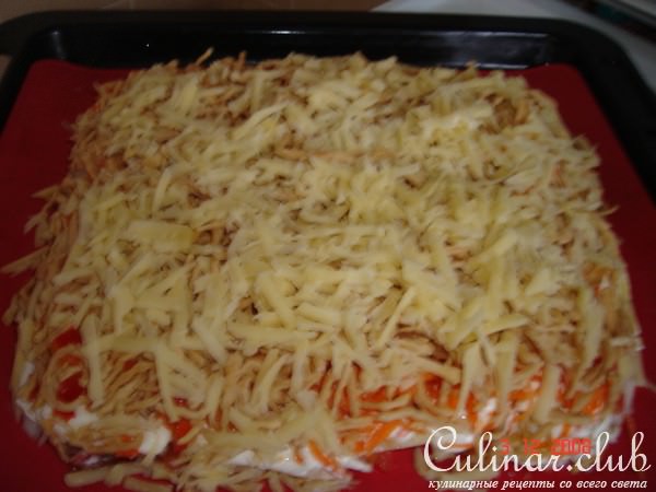 Мясо под "шубкой" и слоёной вермешелью