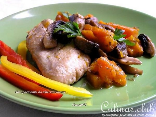 Курица с тыквой, шампиньонами и майораном (в мультиварке)