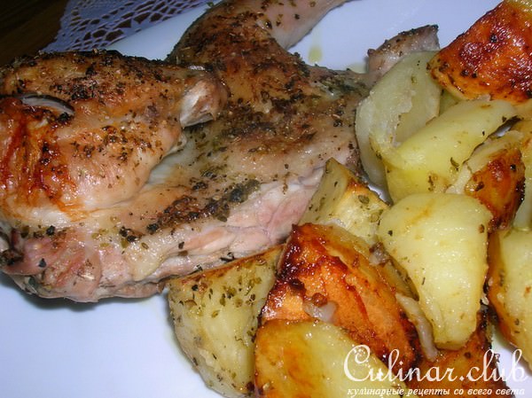 Цыпленок с картофелем запеченный с лимонным соком и орегано в оливковом масле ( Критская кухня)