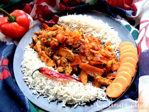 Курица с карри в оранжевых тонах+рис