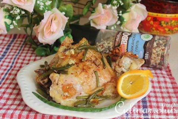 Запеченные куриные окорочка с апельсином и чесночными стрелками
