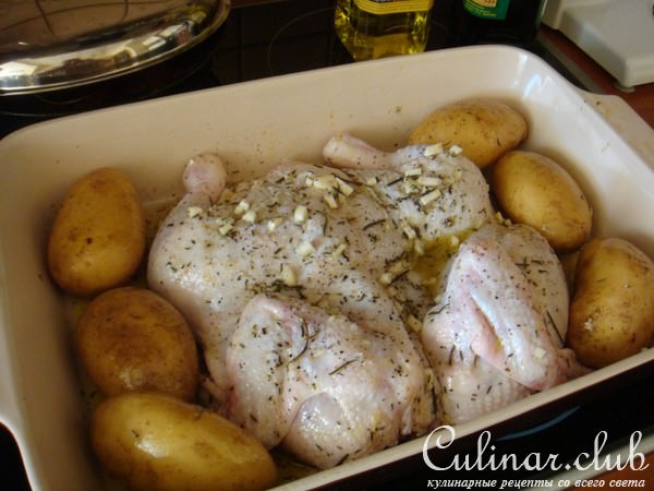 Цыпленок с чесноком, тимьяном и лимоном