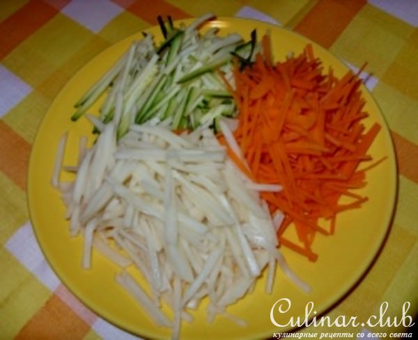 Рулетик из курицы с овощными оладьями
