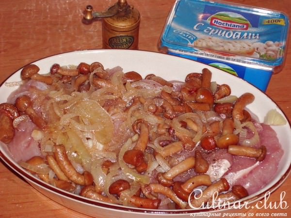 Индейка в сливочном соусе с опятами и лапшой со шпинатом.