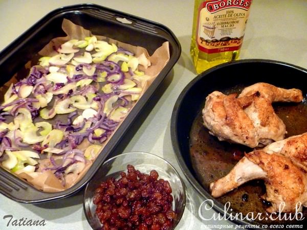 Цыплята в красном вине с изюмом и орешками