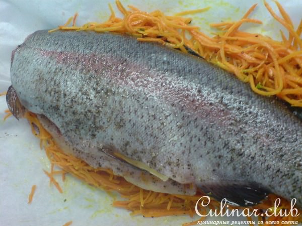 Морская форель ,запечённая с овощами