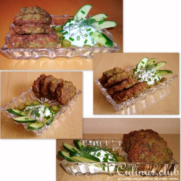 Оладьи с цуккини, да картофельно-мясные с соусом «Tzatziki» (Цацики)
