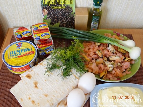Закуска из морепродуктов с лавашем