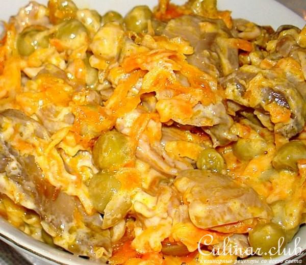 САЛАТ " СЫТНЫЙ" консерв. шампиньоны, курица, лук, морковь, горошек