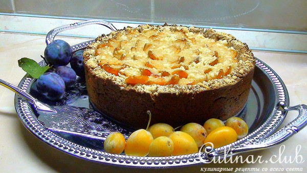 Пирог со сливой, под творожной крошкой, на корже из гречневой муки с маком.