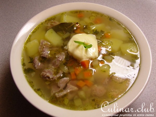 Рассольник с куринными желудочками